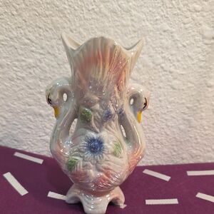 Vintage Ceramic Swan Vase Iridescent, Opalescent Glaze and Flooral Accents.
